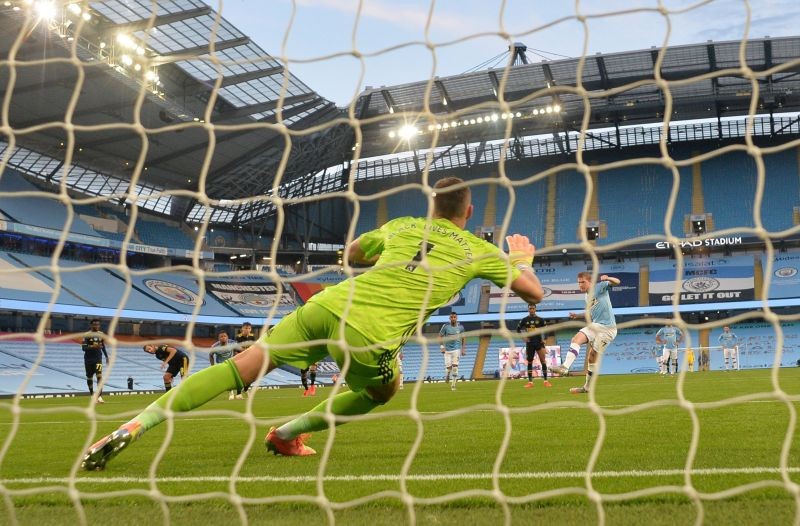 Manchester City's Kevin De Bruyne scores their second goal from the penalty spot as play resumes behind closed doors following the outbreak of the coronavirus disease (COVID-19) Peter Powell/Pool via REUTERS